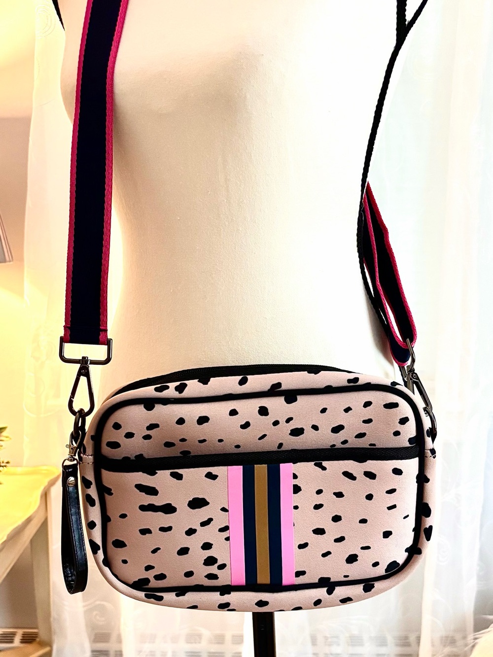 Stylish Pink Spotted Crossbody Bag with Striped Accent